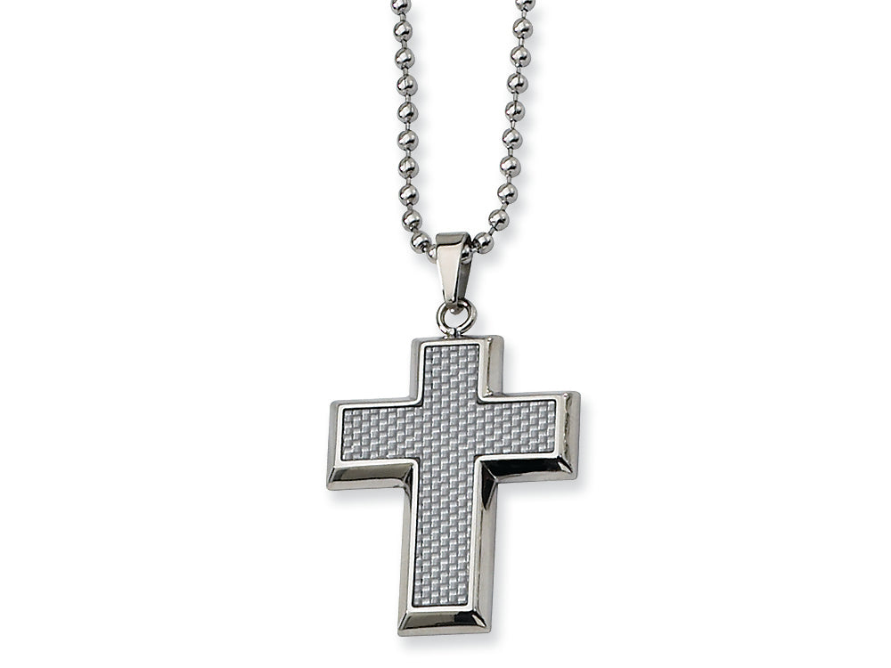 Chisel Stainless Steel Grey Carbon Fiber Cross Necklace - 22 inches