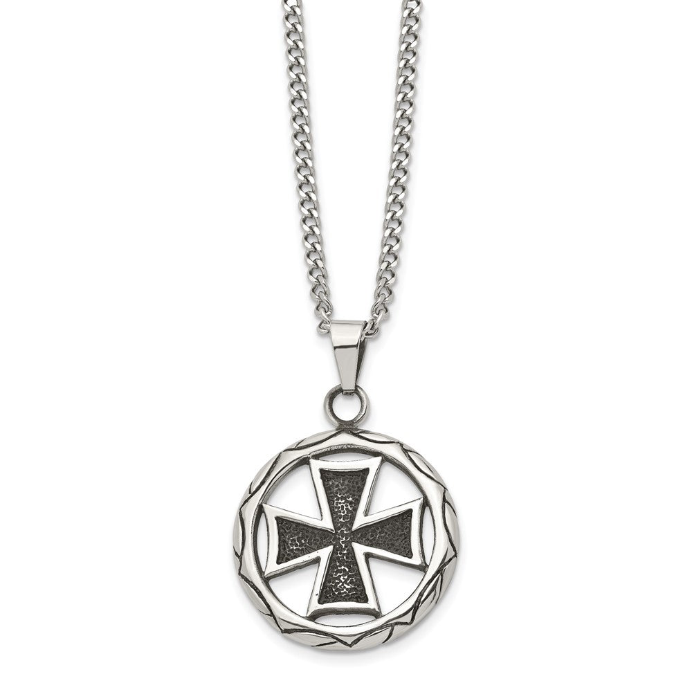 Chisel Stainless Steel Polished and Antiqued Cross In Circle 22in Necklace