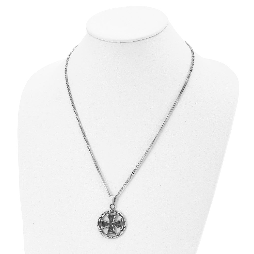Chisel Stainless Steel Polished and Antiqued Cross In Circle 22in Necklace