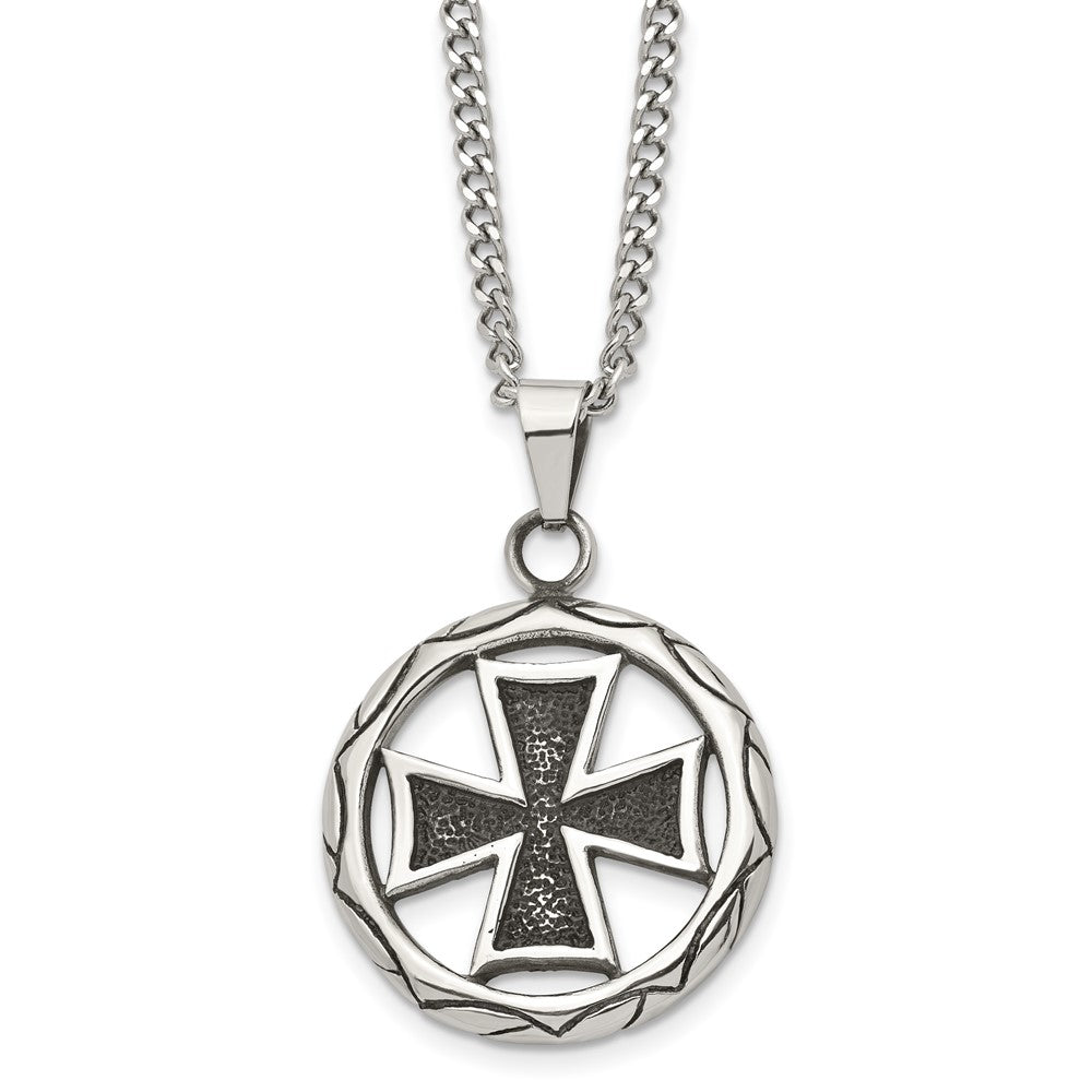 Chisel Stainless Steel Polished and Antiqued Cross In Circle 22in Necklace