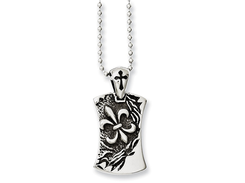 Chisel Stainless Steel Antiqued Fleur De Lis Dog Tag 22in Necklace