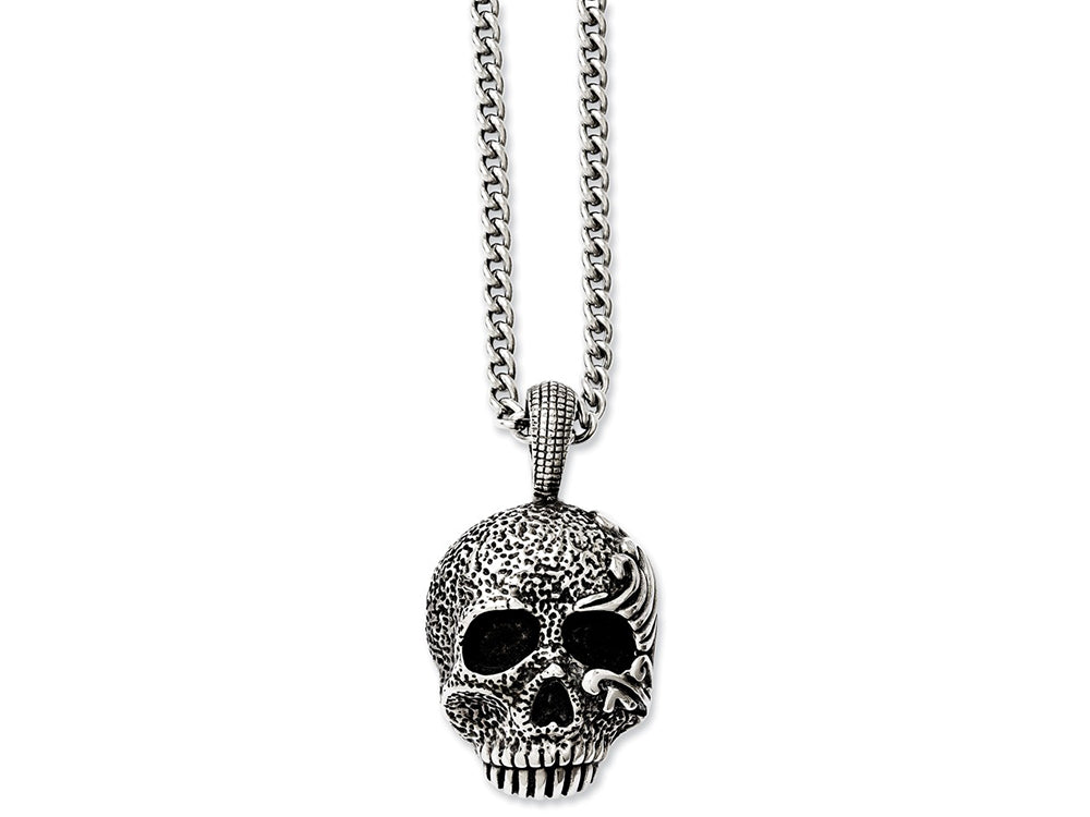 Chisel Stainless Steel Antiqued and Textured Skull 24in Necklace