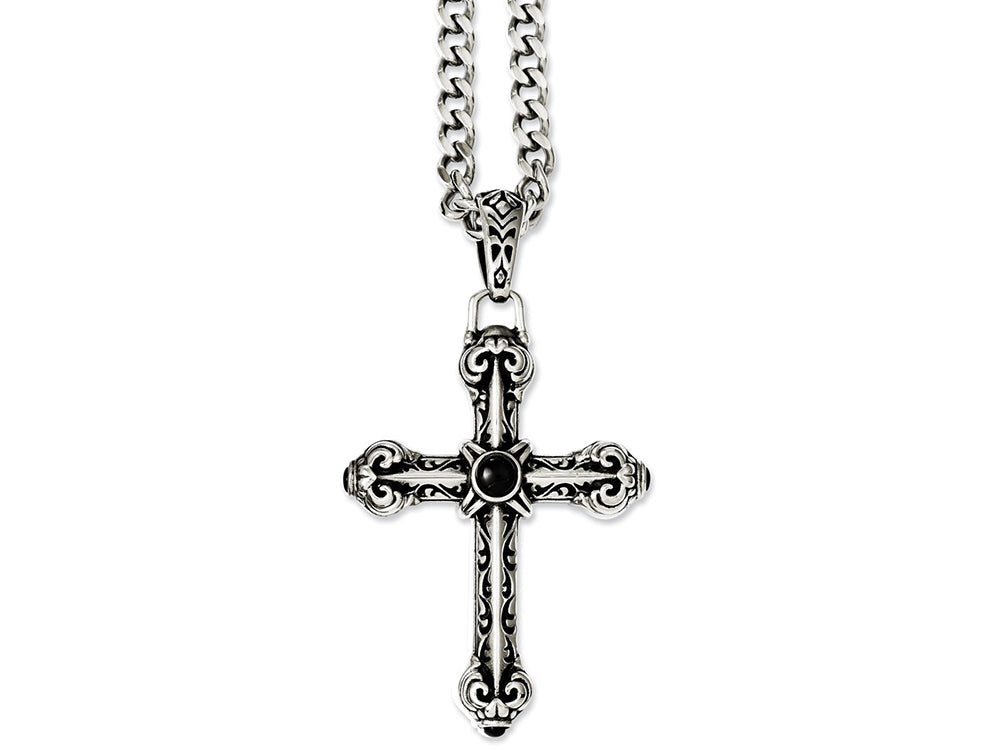 Chisel Stainless Steel Antiqued Cross W/synthetic Black Agate 24in Necklace