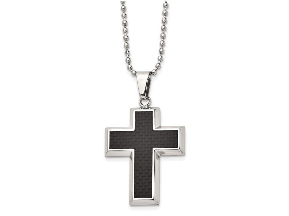 Chisel Stainless Steel Carbon Fiber Cross Necklace - 22 inches