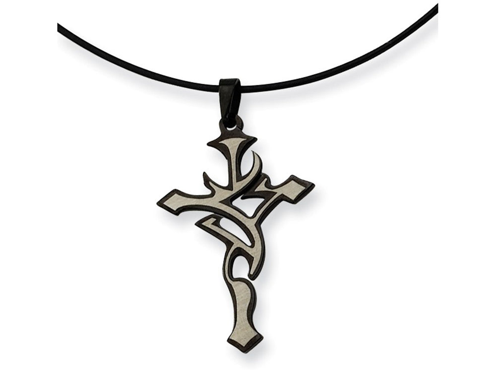 Chisel Stainless Steel Black Plated And Grey Accent Cross Necklace