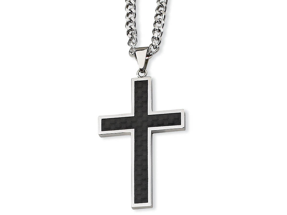 Chisel Stainless Steel Carbon Fiber Cross Necklace - 24 inches