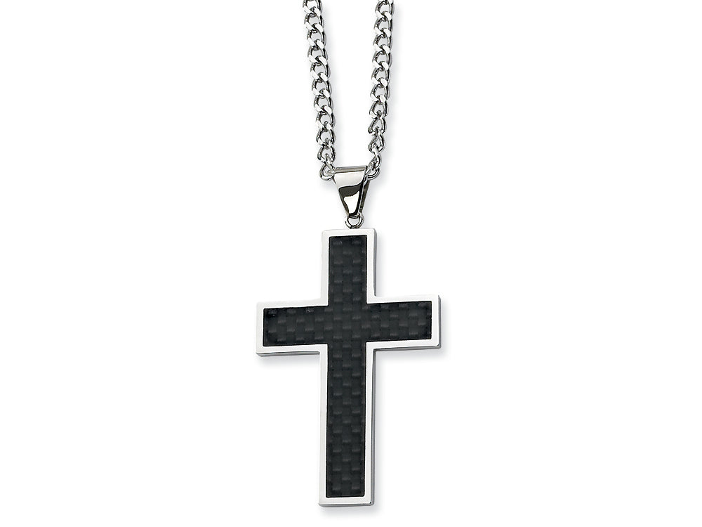 Chisel Stainless Steel Carbon Fiber Cross Necklace - 24 inches