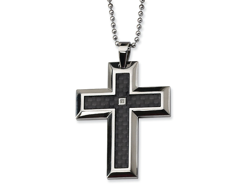 Chisel Stainless Steel Carbon Fiber Diamond Accent Cross Necklace - 24 inches