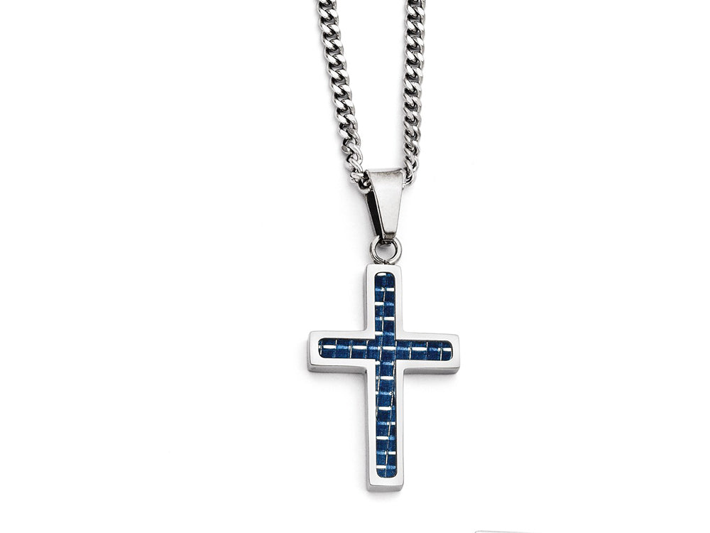 Chisel Stainless Steel Blue Carbon Fiber Inlay Polished Small Cross Necklace