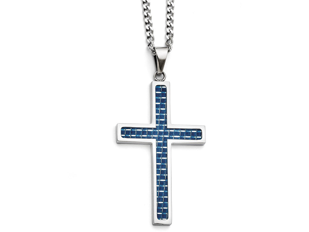 Chisel Stainless Steel Blue Carbon Fiber Inlay Polished Large Cross Necklace