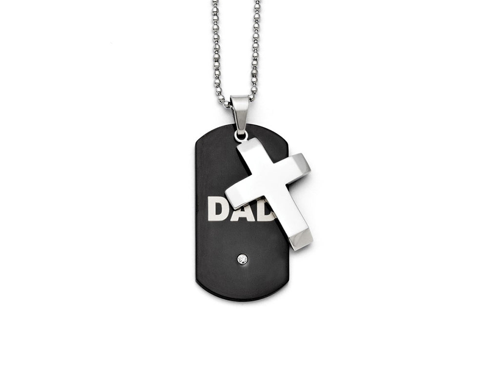 Chisel Stainless Steel Black Ip-plated Dog Tag With CZ Cross Necklace