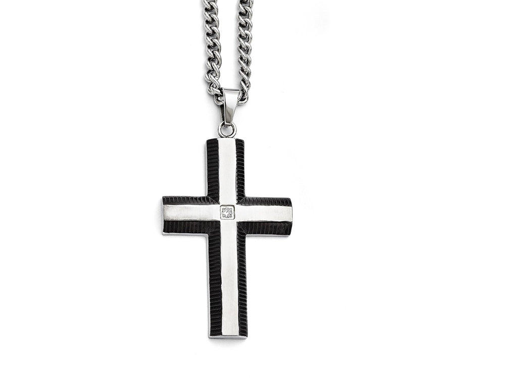 Chisel Stainless Steel Brushed And Polished Black Ip-plated Cross With CZ  Necklace