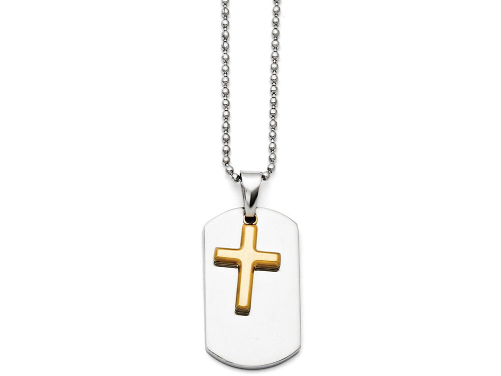 Chisel Stainless Steel Polished Dog Tag Yellow Ip-plated Brushed Cross Necklace