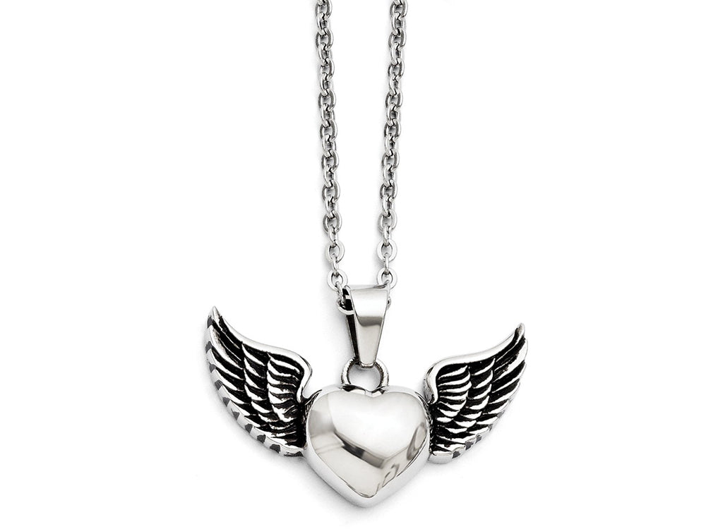 Chisel Stainless Steel Antiqued And Polished Heart With Wings Necklace