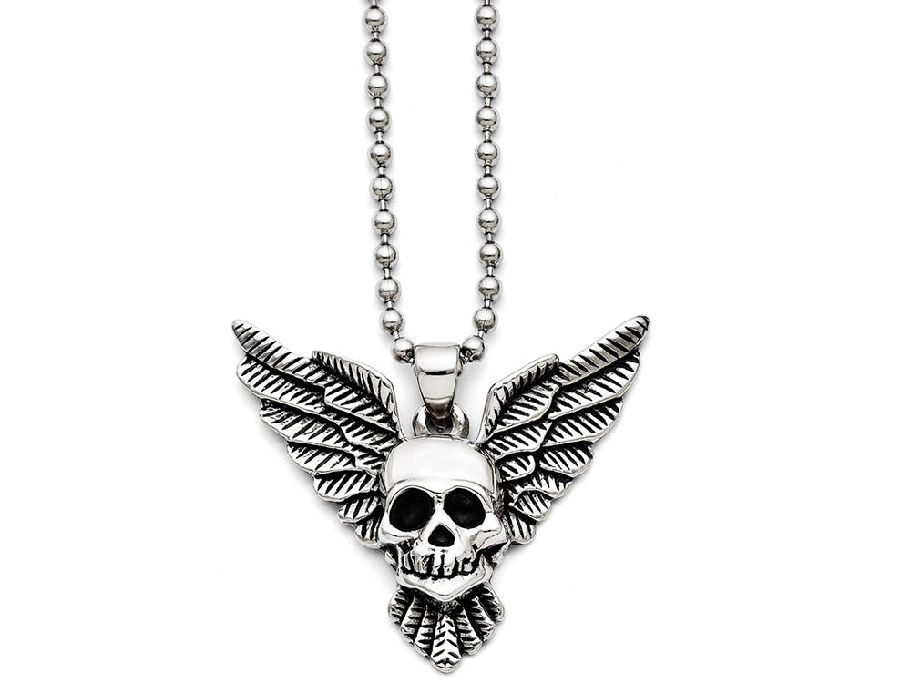 Chisel Stainless Steel Antiqued Skull With Wings Polished Necklace