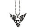 Chisel Stainless Steel Antiqued Skull With Wings Polished Necklace