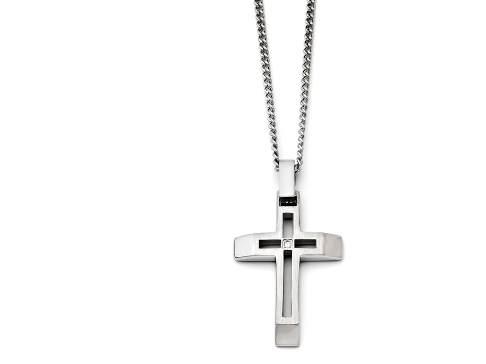 Chisel Stainless Steel Brushed And Polished Cross With CZ Necklace