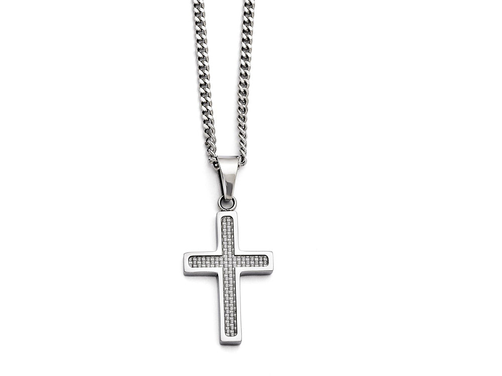 Chisel Stainless Steel Polished Grey Carbon Fiber Small Cross Necklace