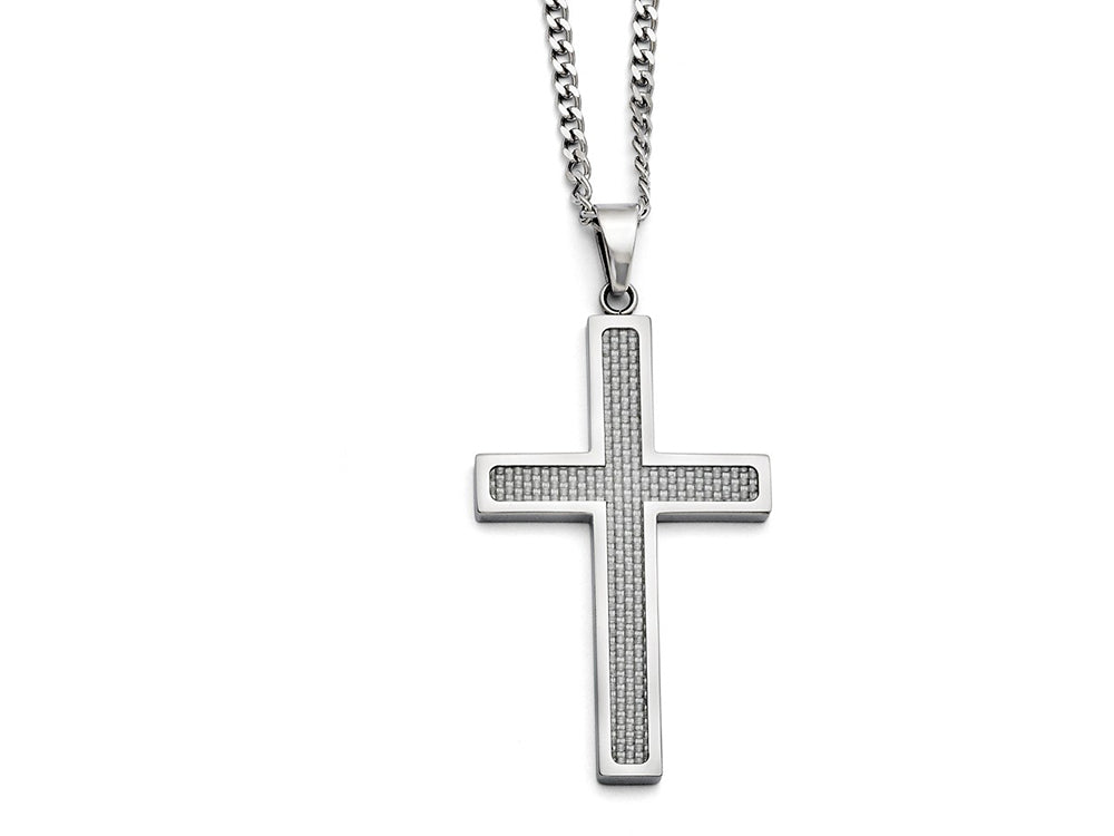 Chisel Stainless Steel Polished Grey Carbon Fiber Large Cross Necklace