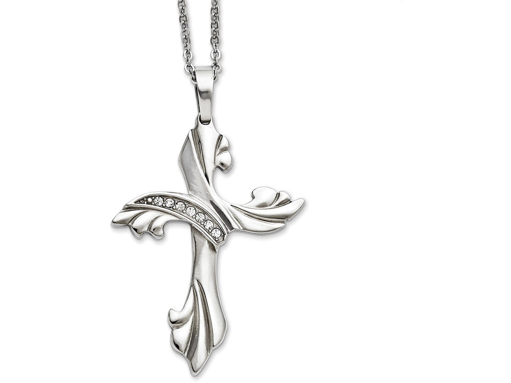 Chisel Stainless Steel Polished With CZs Cross Necklace