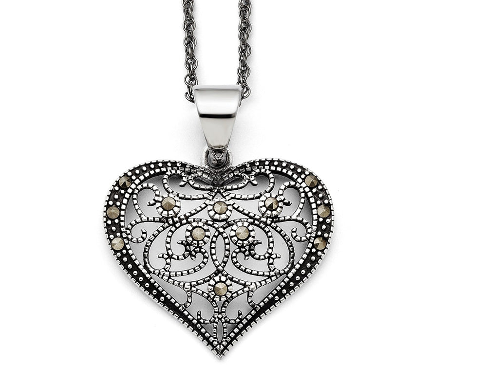 Chisel Stainless Steel Marcasite Textured Heart Necklace