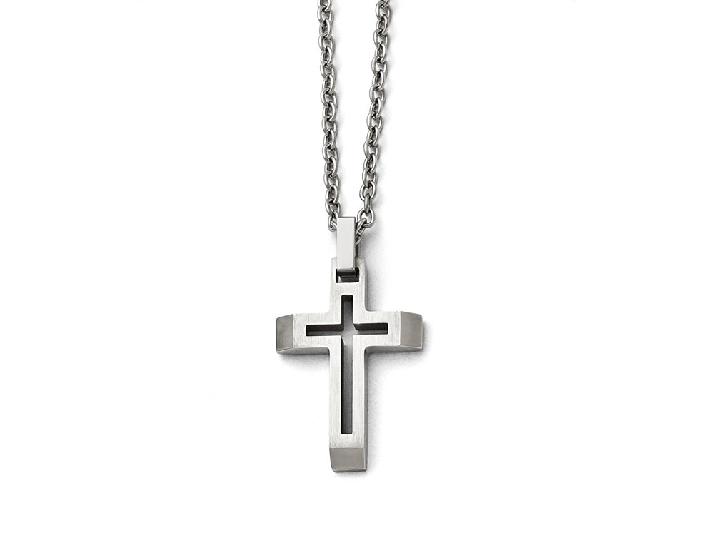 Chisel Stainless Steel Polished And Brushed Cut-out Cross Necklace