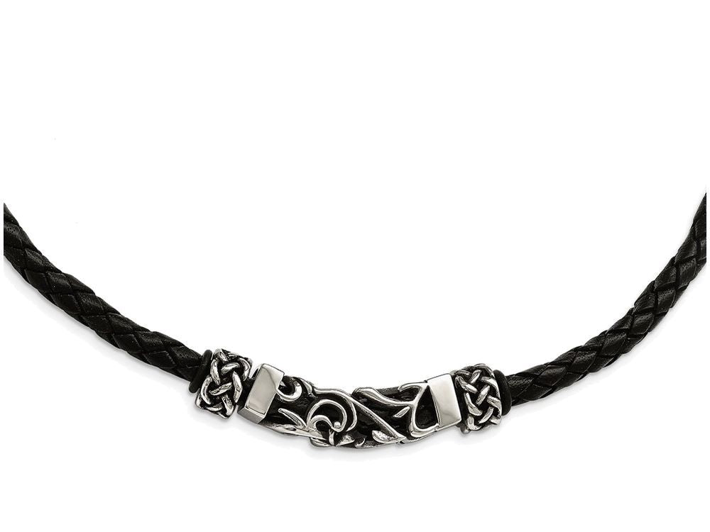Chisel Stainless Steel Black Leather W/antiqued Beads Necklace