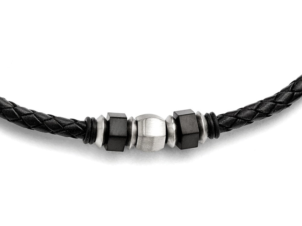 Chisel Stainless Steel Brushed Leather Black Ip-plated and Rubber Necklace