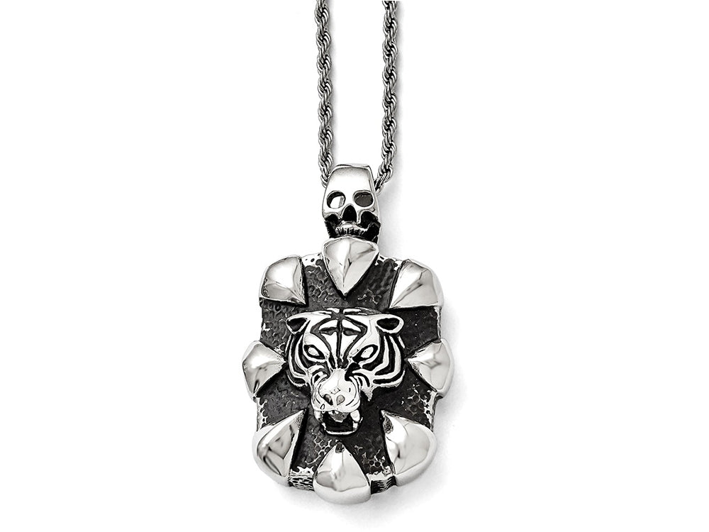 Chisel Stainless Steel Antiqued Skull And Tiger Necklace