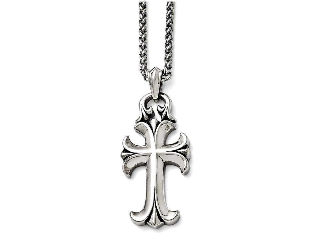 Chisel Stainless Steel Antiqued Cross Necklace with (4mm width Chain)