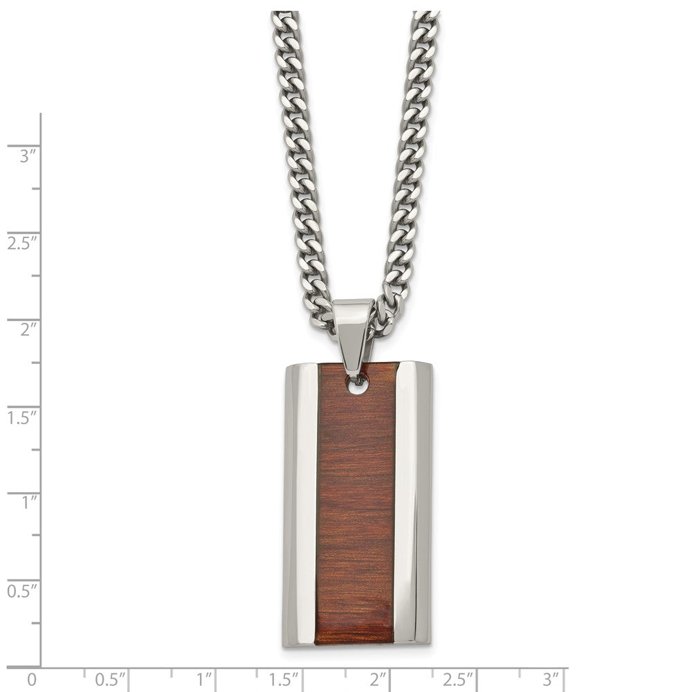 Chisel Stainless Steel Polished Red/orange Wood Inlay Enameled Necklace