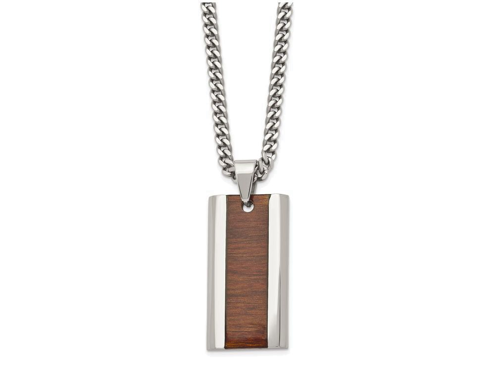 Chisel Stainless Steel Polished Red/orange Wood Inlay Enameled Necklace