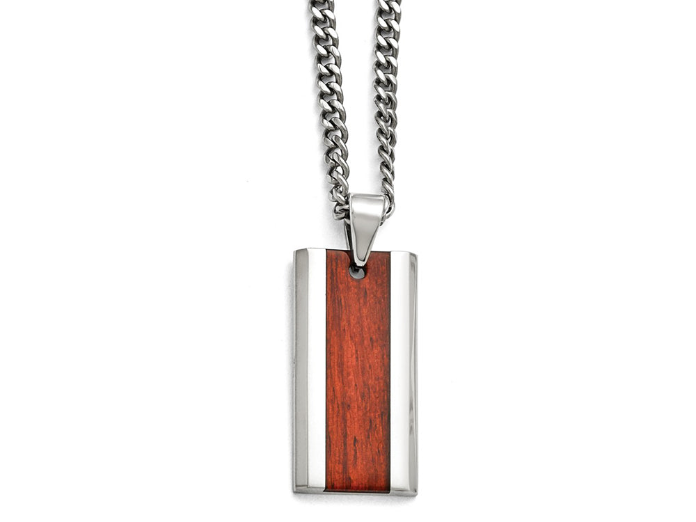 Chisel Stainless Steel Polished Red Wood Inlay Enameled Necklace