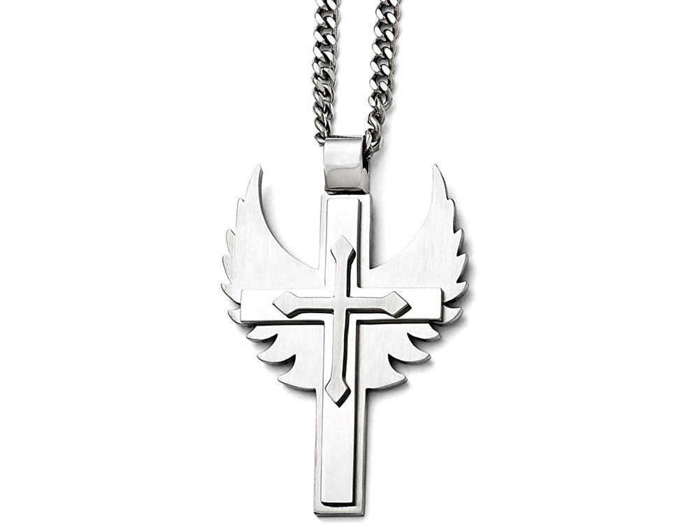 Chisel Stainless Steel Polished/brushed Cross With Wings Necklace
