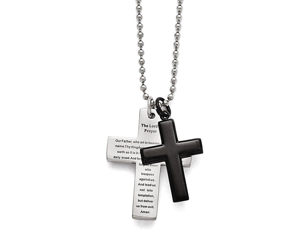 Chisel Stainless Steel Polished Black Ip-plated Lord's Prayer Cross Necklace