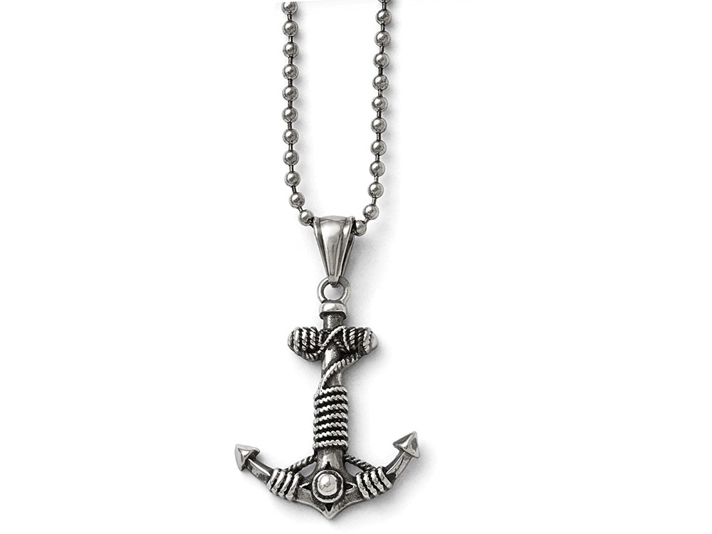 Chisel Stainless Steel Polished And Antiqued Anchor Necklace