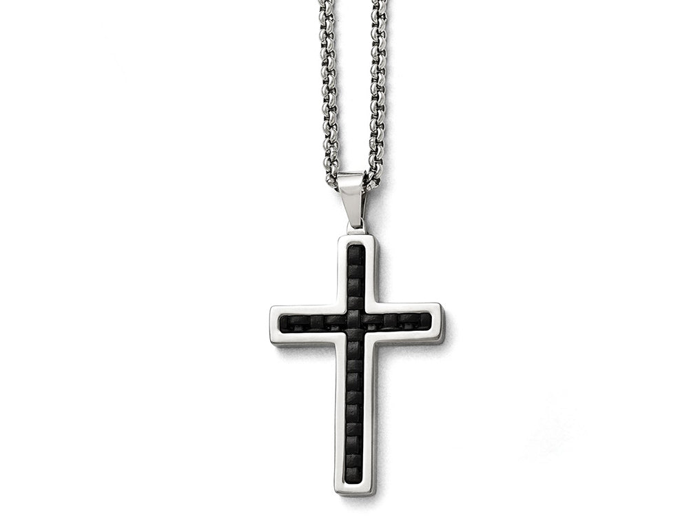 Chisel Stainless Steel Polished Black Genuine Leather Inlay Cross Necklace