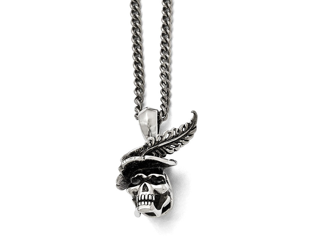 Chisel Stainless Steel Polished And Antiqued Skull With Feather Necklace