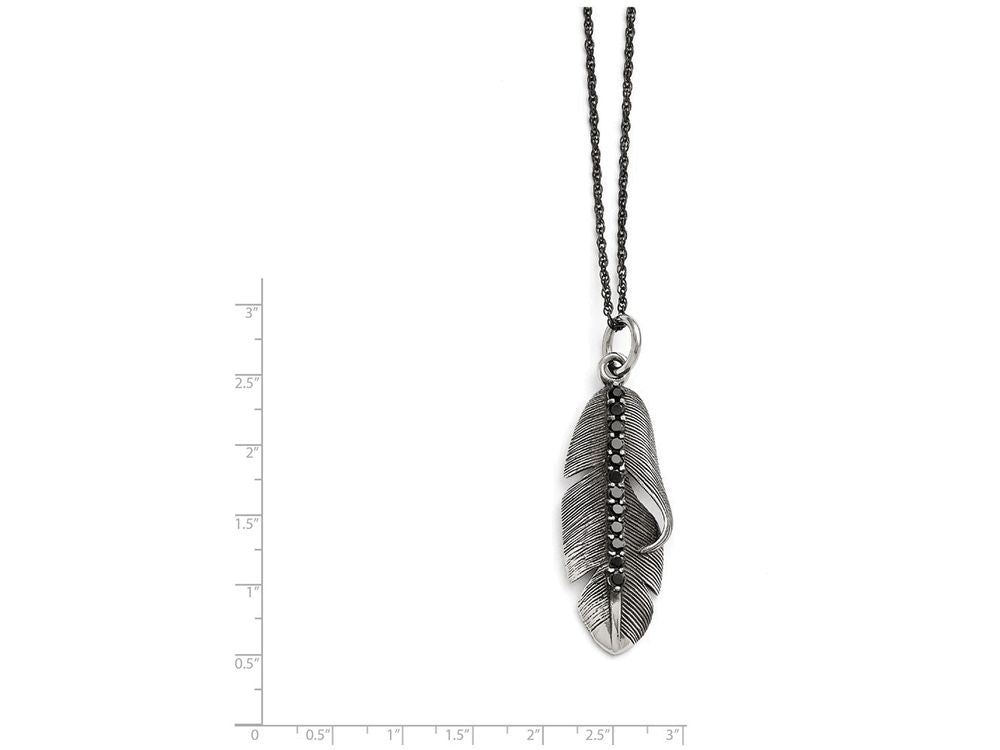 Chisel Stainless Steel Polished/antiqued Feather W/black CZ Necklace