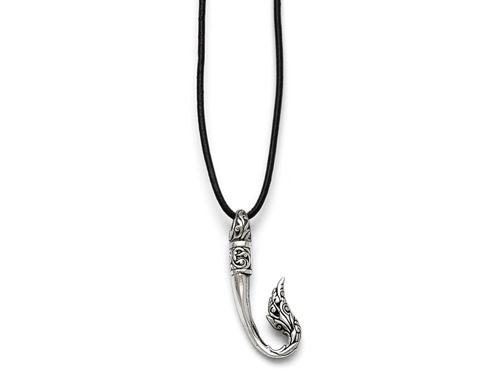 Chisel Stainless Steel Polished And Antiqued Hook Necklace