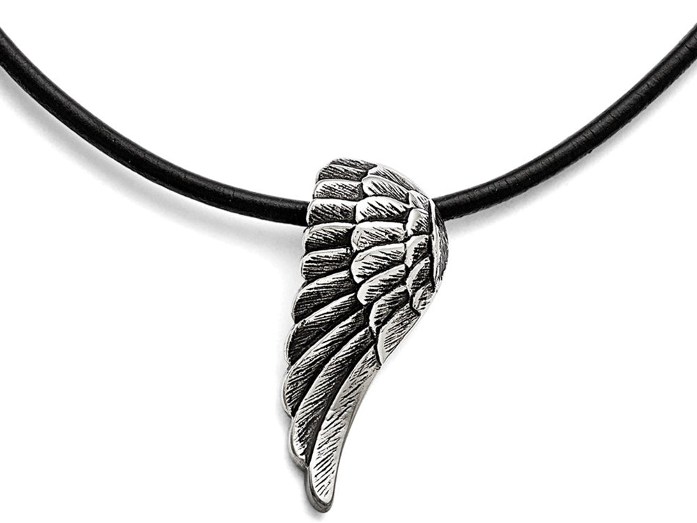 Chisel Stainless Steel Polished And Antiqued Wing Necklace