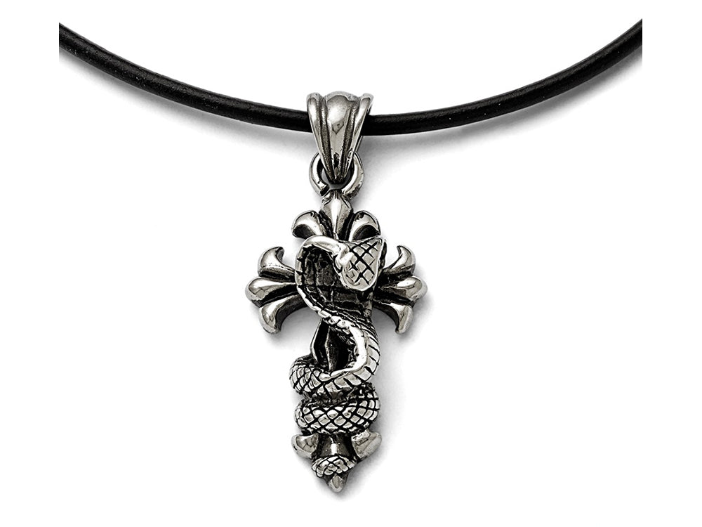Chisel Stainless Steel Polished And Antiqued Snake And Cross Necklace