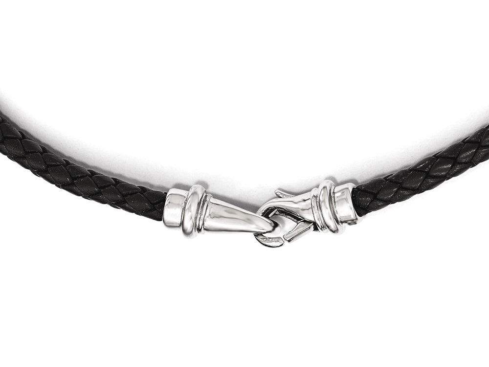 Chisel Stainless Steel Polished Woven Black Leather Necklace