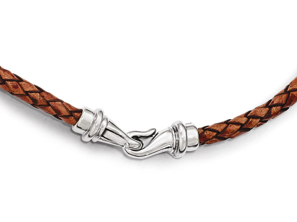 Chisel Stainless Steel Polished Woven Brown Leather Necklace