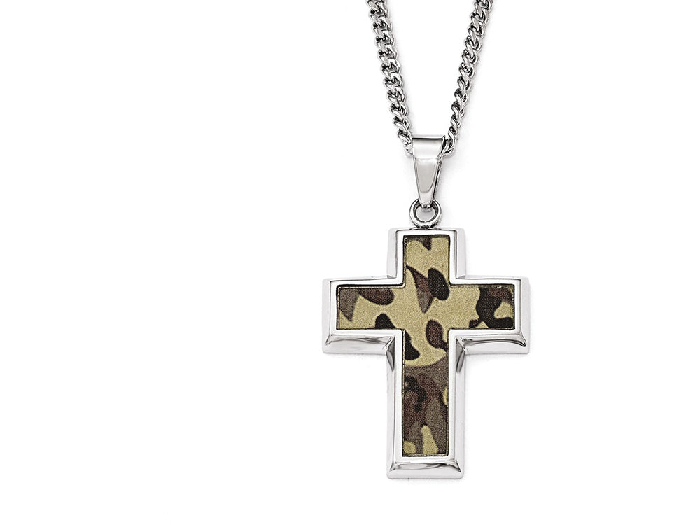 Chisel Stainlesssteel Polished Printed Browncamo Under Rubbercross Necklace