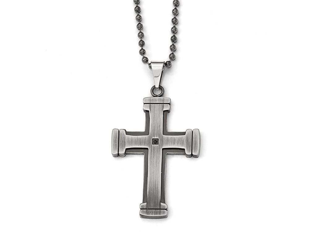 Chisel Stainless Steel Antiqued Polished And Brushed CZ Cross Necklace