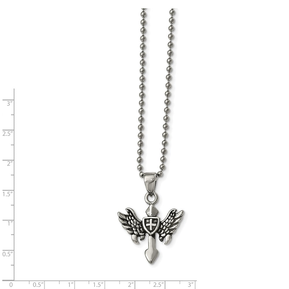 Chisel Stainless Steel Polished And Antiqued Cross W/wings Necklace