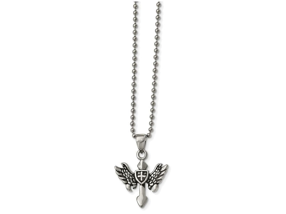 Chisel Stainless Steel Polished And Antiqued Cross W/wings Necklace