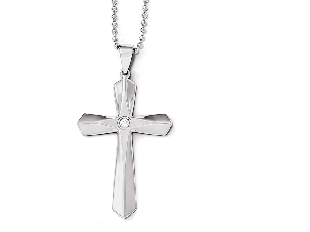 Chisel Stainless Steel Polished And Brushed CZ Cross Necklace