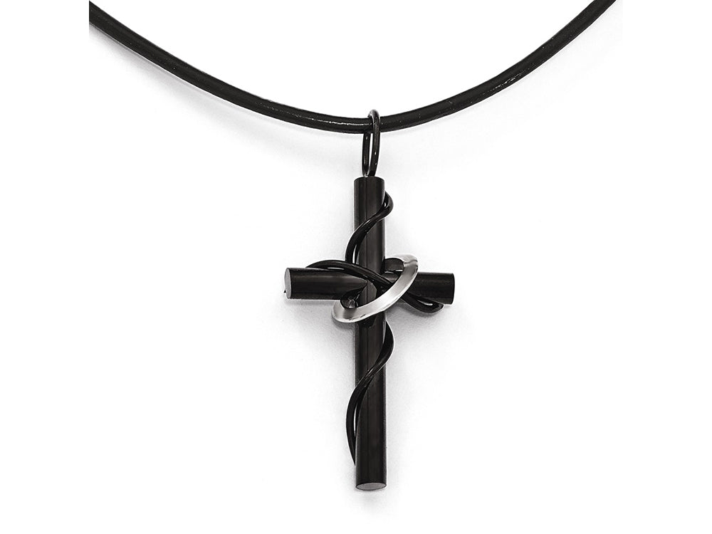 Chisel Stainless Steel Polished Black Ip-plating Cross Leather Cord Necklace